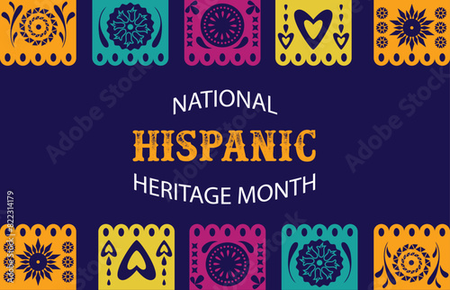 Hispanic heritage month. Vector web banner, poster, card for social media and networks. Greeting with national Hispanic heritage month text, Papel Picado pattern, perforated paper on blue background