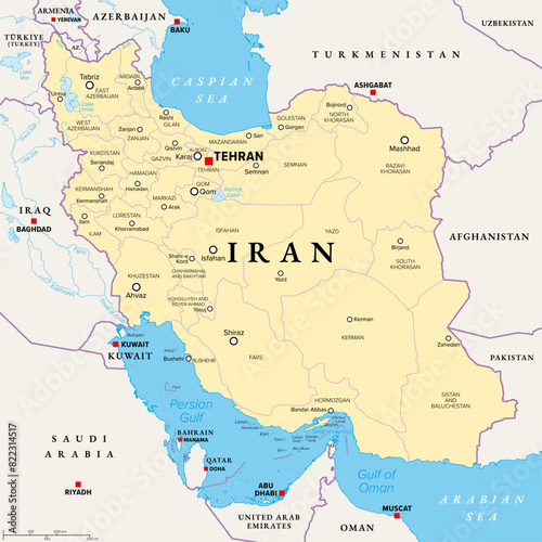 Iran  political map with provinces  borders  capital Tehran and major cities. The Islamic Republic of Iran  IRI  also known as Persia  a country in West Asia  divided into 31 provinces. Illustration