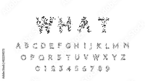 Vector illustration. Font containing black color circle shapes. Illegible letters and numbers for designs, education and medical assignments. Hard to read text. Abstract surreal script photo