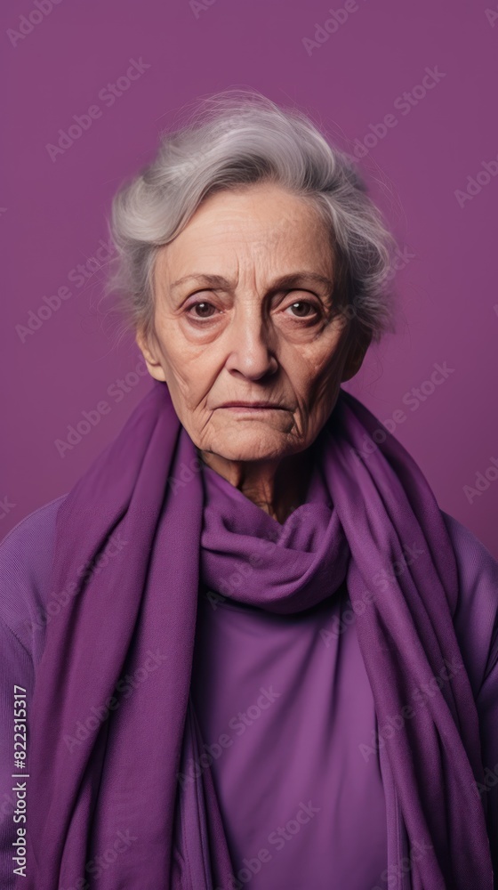 Purple background sad European white Woman grandmother realistic person portrait of young beautiful bad mood expression Woman Isolated 