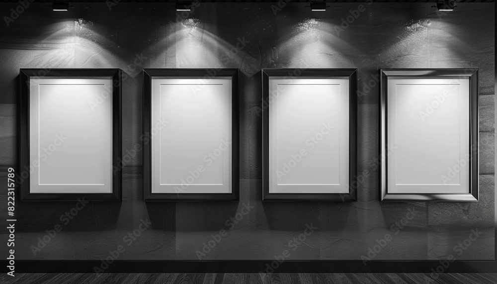 Four empty white frames with dark borders in a sleek, modern architectural design studio, each positioned and centrally spotlighted against a wall Four empty white frames with dark borders in a sleek, modern architectural design studio, each positioned and centrally spotlighted against a wall