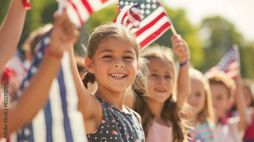 Fototapeta premium On Memorial Day, children enthusiastically wave small American flags. The background, full of respect and reflection, harmoniously combines patriotism with the memory of the fallen.