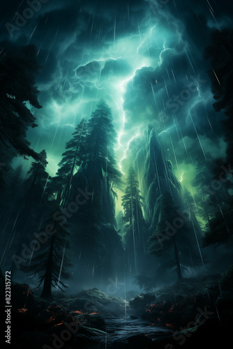 Dramatic forest scene with towering trees under an ominous stormy sky  illuminated by a bolt of lightning. Captivating and eerie atmosphere.