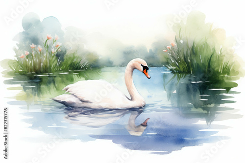 Fototapeta Naklejka Na Ścianę i Meble -  Elegant watercolor painting of a swan gracefully swimming in a serene pond surrounded by lush greenery and soft reflections.