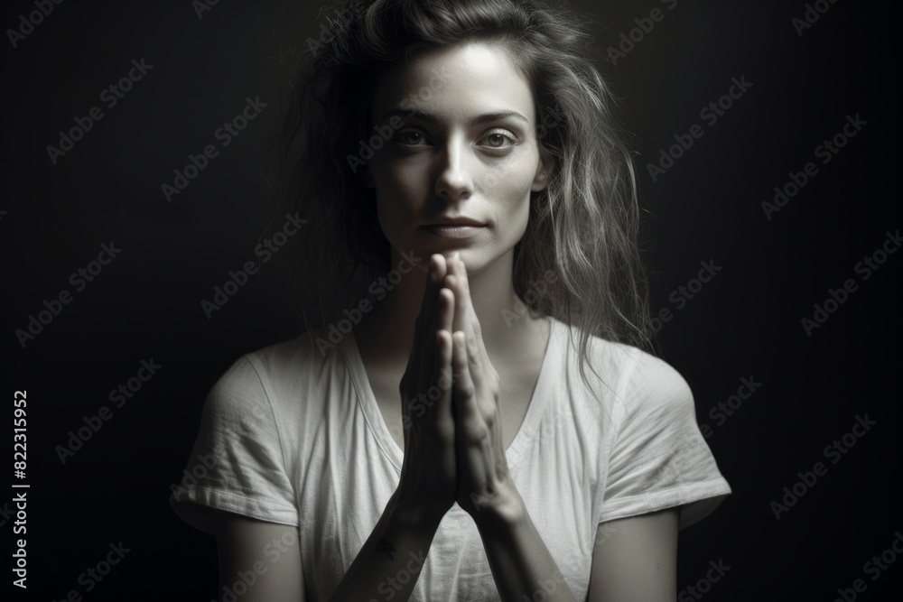 Portrait of a glad woman in her 30s joining palms in a gesture of gratitude isolated on bare monochromatic room Portrait of a glad woman in her 30s joining palms in a gesture of gratitude isolated on bare monochromatic room