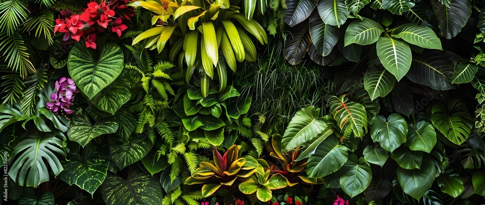 Obraz premium Lush Wall of Tropical Plants and Flowers with Dark Green Foliage