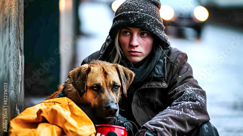 A homeless person with a dog sits on the street surrounded by bags of clothing, illustrating companionship and the struggle for survival.