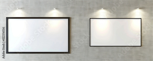 In a contemporary architectural studio, two white frames with dark borders are displayed against a light gray wall with a burlap texture