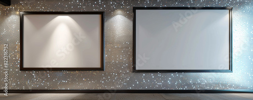 In a contemporary architectural studio, two white frames with dark borders are displayed against a wall with a shimmering sequin finish photo