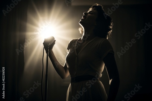 Portrait of a content woman in her 30s dancing and singing song in microphone in front of bare monochromatic room