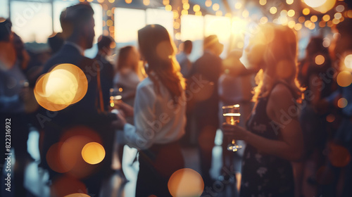 Business event in an office with a crowd of employees. Food and drink in a meeting or conference room with business people in the background. Blurred shot of business people at a party in the office