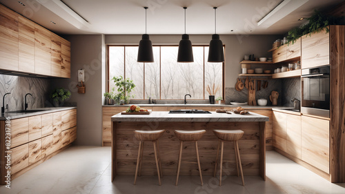 Modern kitchen interior features sleek wood cabinets and a light-filled dining area with designer chairs