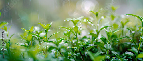 Small plants that have just grown are very fresh, watered with fresh water, in fertile soil, with a blurry green background in the morning white background widescreen , Generate AI