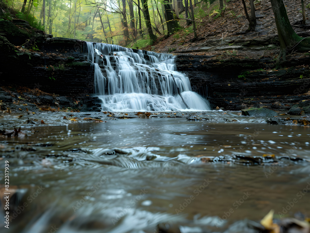 Obraz premium Serene Autumn Waterfall in Forest with Lush Foliage and Rocky Ledges | Peaceful Natural Beauty of Sunlit Trees and Cascading Water Flowing into Reflective Stream in Tranquil Woodland Landscape