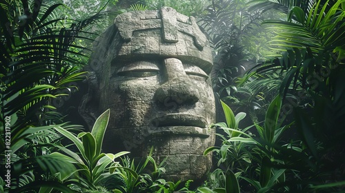 ancient olmec colossal head statue surrounded by lush jungle vegetation concept illustration photo