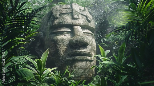 Fototapeta Naklejka Na Ścianę i Meble -  ancient olmec colossal head statue surrounded by lush jungle vegetation concept illustration