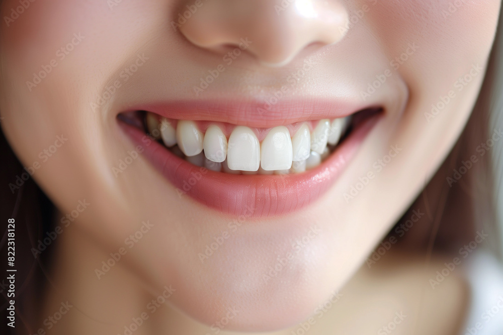Fototapeta premium Beautiful female smile after teeth whitening procedure. Dental care. Dentistry concept.
