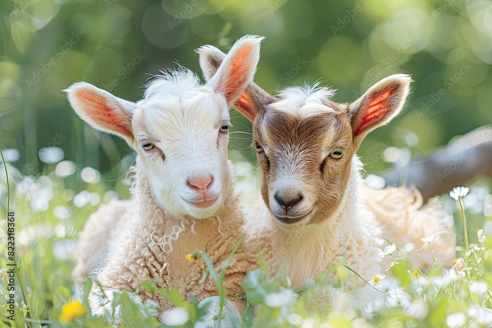 Fototapeta premium Two cute baby goats sheep sitting on a green meadow background 