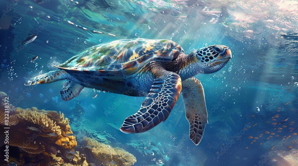 Fototapeta premium ancient turtle swimming in crystal blue ocean waters serene underwater wildlife illustration