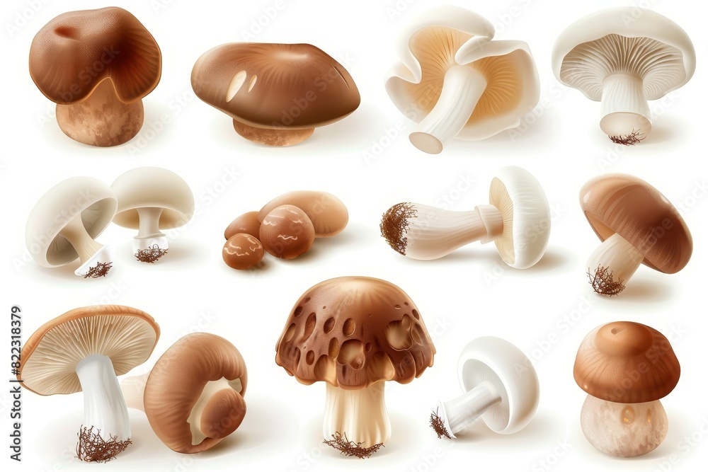 Three-dimensional icon set of edible mushrooms: oysters, shiitakes, creminis, and white buttons. Three-dimensional icon set of edible mushrooms: oysters, shiitakes, creminis, and white buttons.