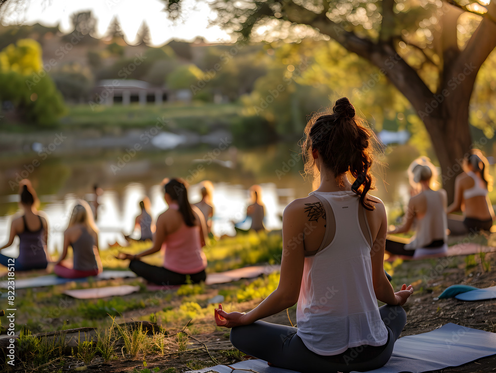 Serene Outdoor Yoga Class by Tranquil Lakeside at Sunset Women Meditating and Practicing Mindfulness on Yoga Mats with Golden Hue Reflections, Tattooed Woman in Focus Calm Lake and Lush Greenery