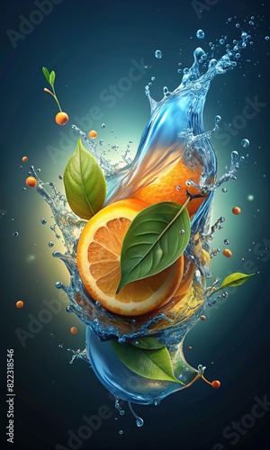 fresh and juicy water splash orange leaves