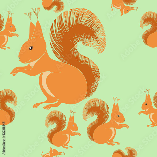 Seamless doodle colored  squirrel. Hand drawn.