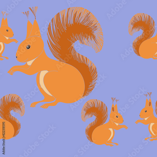 Horizontal arrangement  colored  squirrel. Hand drawn.