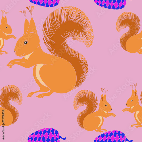 Seamless composition colored  squirrel. Hand drawn.