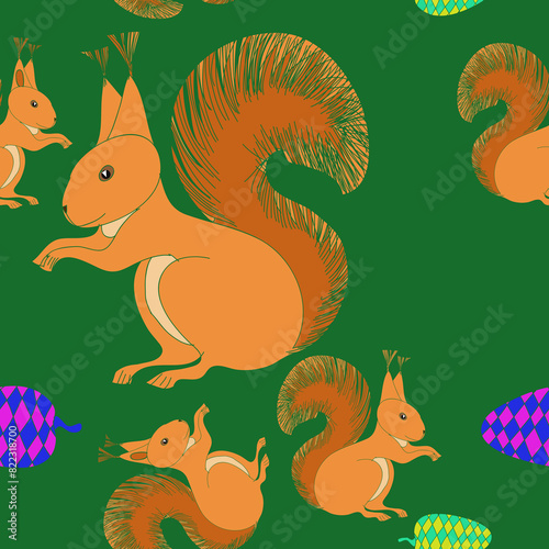 Seamless doodle  colored  squirrel. Hand drawn.