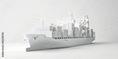 3d render style of all-white cargo ship full of shipping containers on white background 