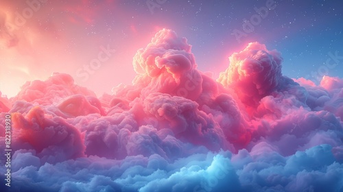 A surreal, dreamlike scene of vibrant pink clouds during a colorful sunset with a touch of blue sky creating a peaceful and magical atmosphere. photo