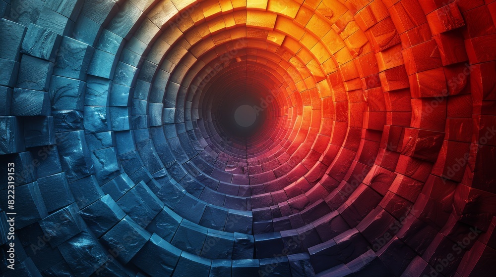 Abstract digital illustration with a futuristic tunnel of warm and cool colors background