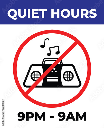 Quiet hours from 9pm to 9 am. No music or radio audio sign icon illustration with red circle cross isolated on vertical background. Simple flat cartoon styled drawing for poster prints.
