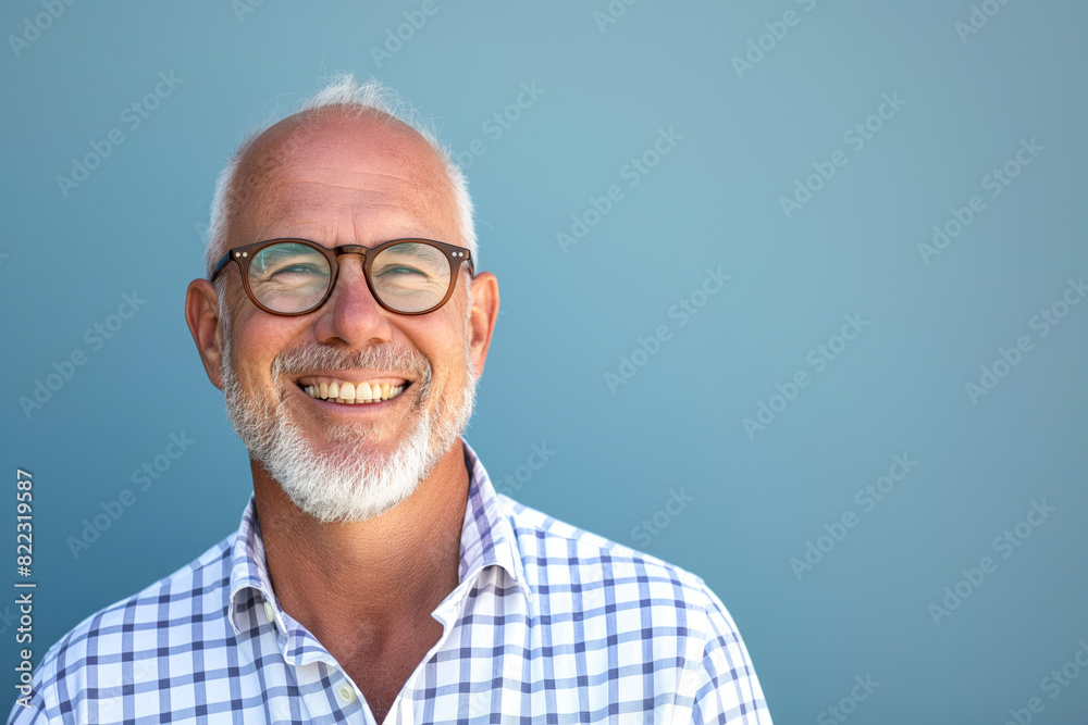 Smiling Older Man in Glasses and Plaid Shirt Against Blue Background Smiling Older Man in Glasses and Plaid Shirt Against Blue Background