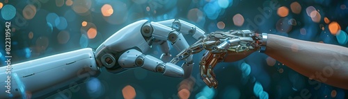 Close-up of human and robot hands reaching out to each other, symbolizing technology and human connection in a futuristic setting.