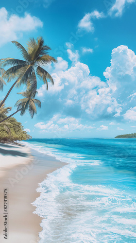 Beach Panorama with blue water and palm trees network concept  realistic style