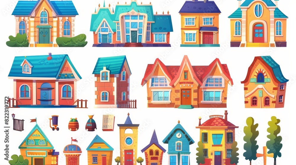 Isolated school, kindergarten, and university buildings on a white background. Cartoon of college, primary, elementary, or daycare buildings.