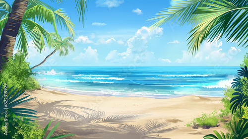 Beach Panorama with blue water and palm trees network concept  realistic style