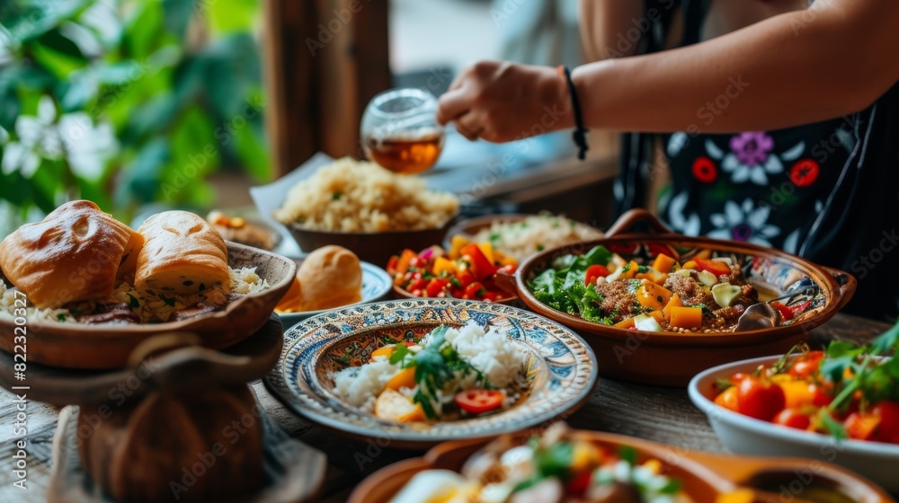 A colorful and diverse array of Asian dishes displayed on a wooden table, featuring vibrant fresh ingredients and traditional cooking styles.