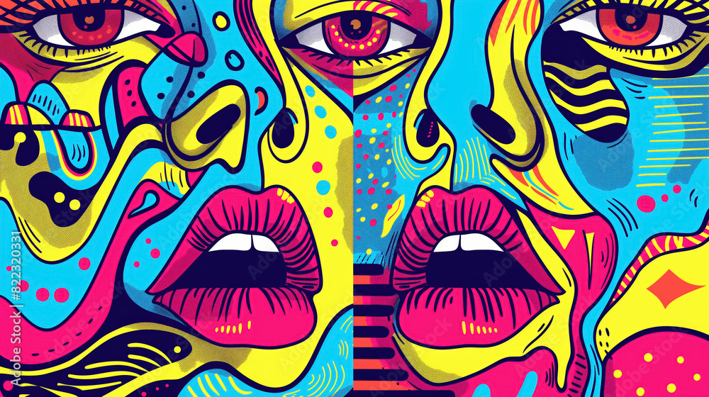 Two faces with bold, geometric features and vibrant patterns, creating an energetic and dynamic visual experience. Two faces with bold, geometric features and vibrant patterns, creating an energetic and dynamic visual experience.
