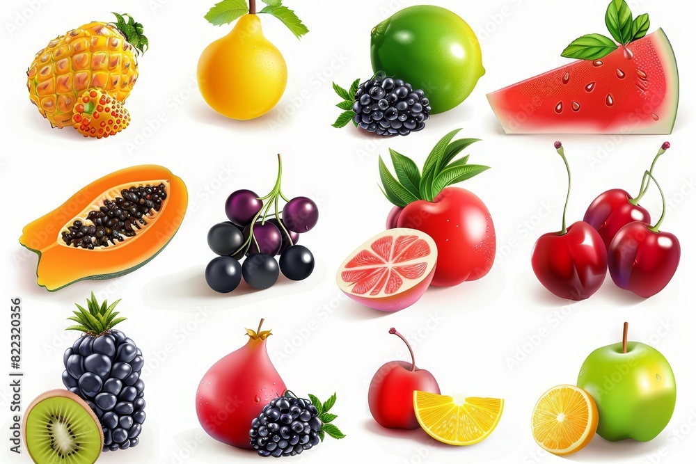 There are many fruit variations to choose from; grapes, strawberry, blackberry, cherry, watermelon, pineapple, papaya, mango, apple, banana, orange, lime. Modern objects that look realistic and There are many fruit variations to choose from; grapes, strawberry, blackberry, cherry, watermelon, pineapple, papaya, mango, apple, banana, orange, lime. Modern objects that look realistic and