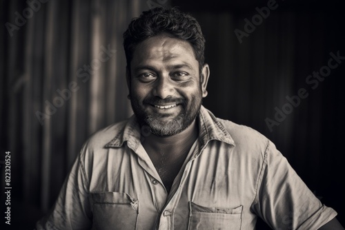 Portrait of a content indian man in his 40s smiling at the camera over bare monochromatic room