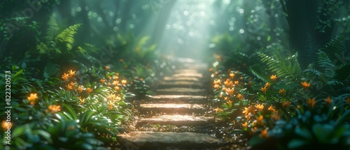Sunlit forest path with stone steps and blooming flowers creating a serene and enchanting natural scene under a canopy of trees. photo