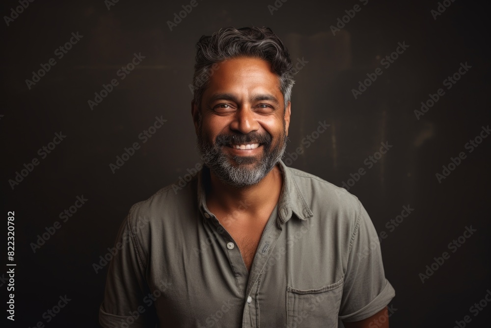 Portrait of a content indian man in his 40s smiling at the camera in bare monochromatic room Portrait of a content indian man in his 40s smiling at the camera in bare monochromatic room