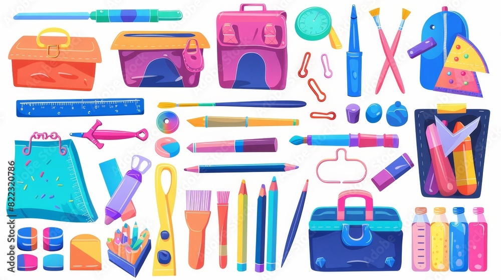 School supplies, stationery and learning materials Cartoon modern illustration, set of colored pencils, paints, brushes, glue, rulers, scissors, markers, compass, paper clips and pins, school School supplies, stationery and learning materials Cartoon modern illustration, set of colored pencils, paints, brushes, glue, rulers, scissors, markers, compass, paper clips and pins, school