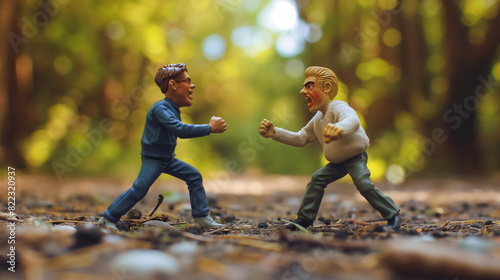 Two toy figurines in a confrontational stance, positioned on a forest path with a blurred, sunlit background, creating a playful and dramatic scene. photo