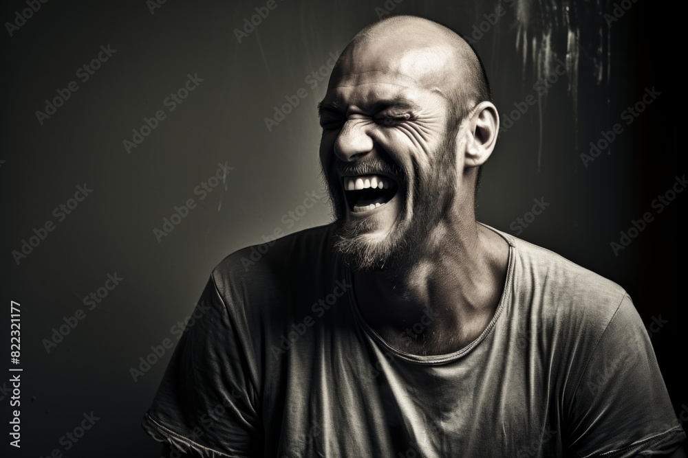 Portrait of a grinning man in his 40s laughing while standing against bare monochromatic room Portrait of a grinning man in his 40s laughing while standing against bare monochromatic room