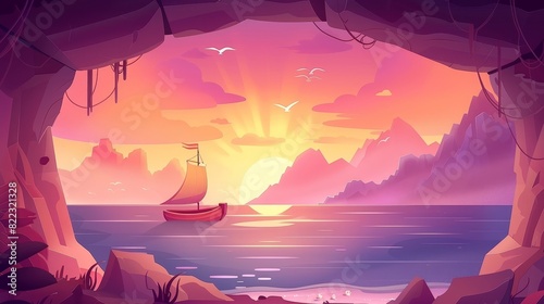 Cave seaview landscape with lonely boat float on water surface. Holes in the rock with ocean, mountains and gulls flying in pink morning sky. Cartoon modern illustration. © Mark