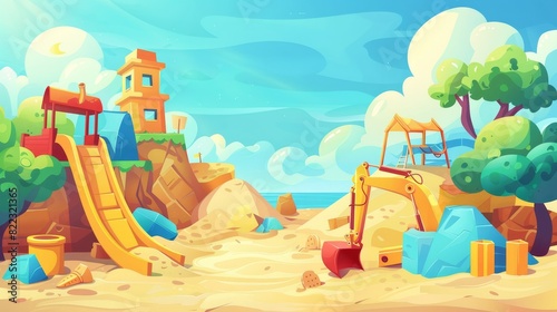 In this modern landing page with cartoon illustration of summer playground on backyard or park for kids, you can find children's toy excavators and buckets in a sand pile.